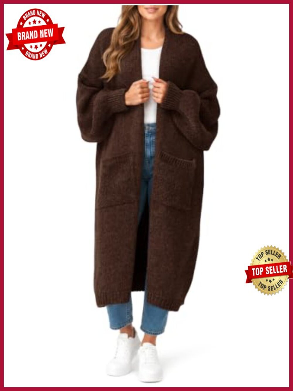Oversized Long Cardigan Open Front Ribbed Knit Coatigan Pockets